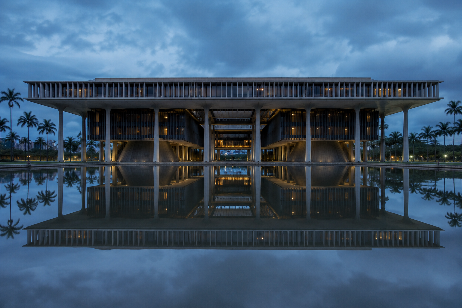 Spotlight Dispatch, generated August 5, 2026. The Hawaii State Capitol sits in a reflecting pool of its own. This one is full, still and immaculate — which is the point. Nothing about it looks broken from here.