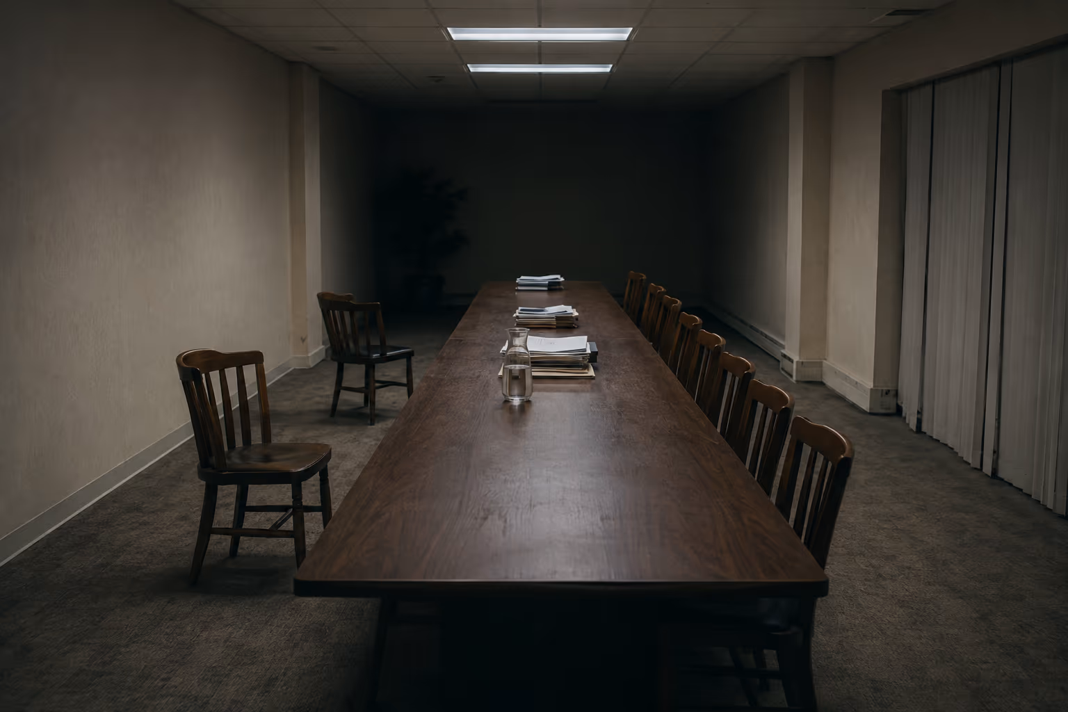 Spotlight Dispatch, generated August 5, 2026. Every chair at the table is pushed in but two. Nothing on the walls, nobody in the room, and no way to tell from here who pulled them out.