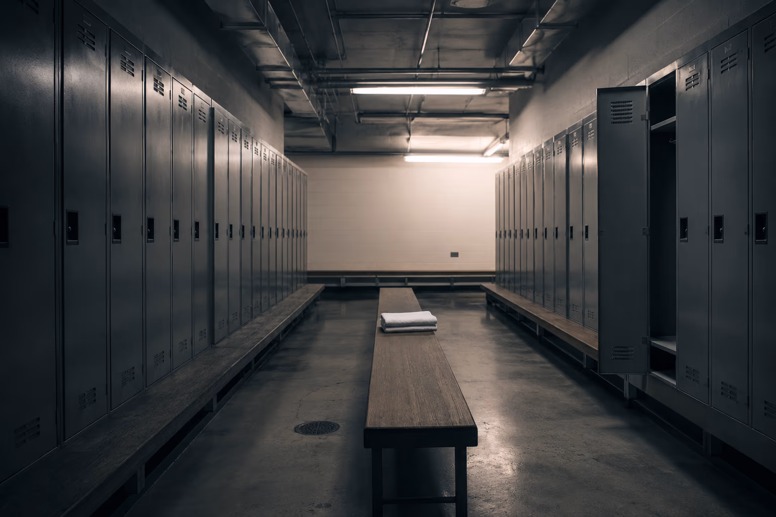 Spotlight Dispatch, generated August 8, 2026. An illustration, not a real room. One locker standing open, one towel folded on the bench, and nobody in it. This is the room he spent the week demanding to be let into.