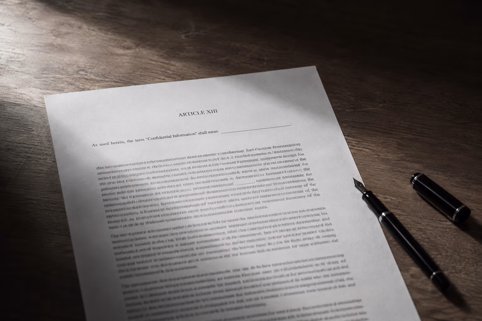 Spotlight Dispatch, generated August 8, 2026. Not the agreement itself — an illustration of its shape. A heading, a sentence built to introduce a definition, and then a ruled line with nothing on it. The pen is out of its cap and has not been used.
