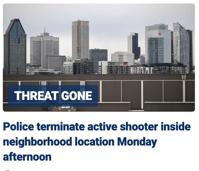 A newsroom put two words over your skyline this afternoon — THREAT GONE. An officer is dead, a neighbor is dead, and the rifle that did it is exactly as easy to buy tonight as it was at breakfast. The threat is not gone, Montreal. You just can't see it anymore.