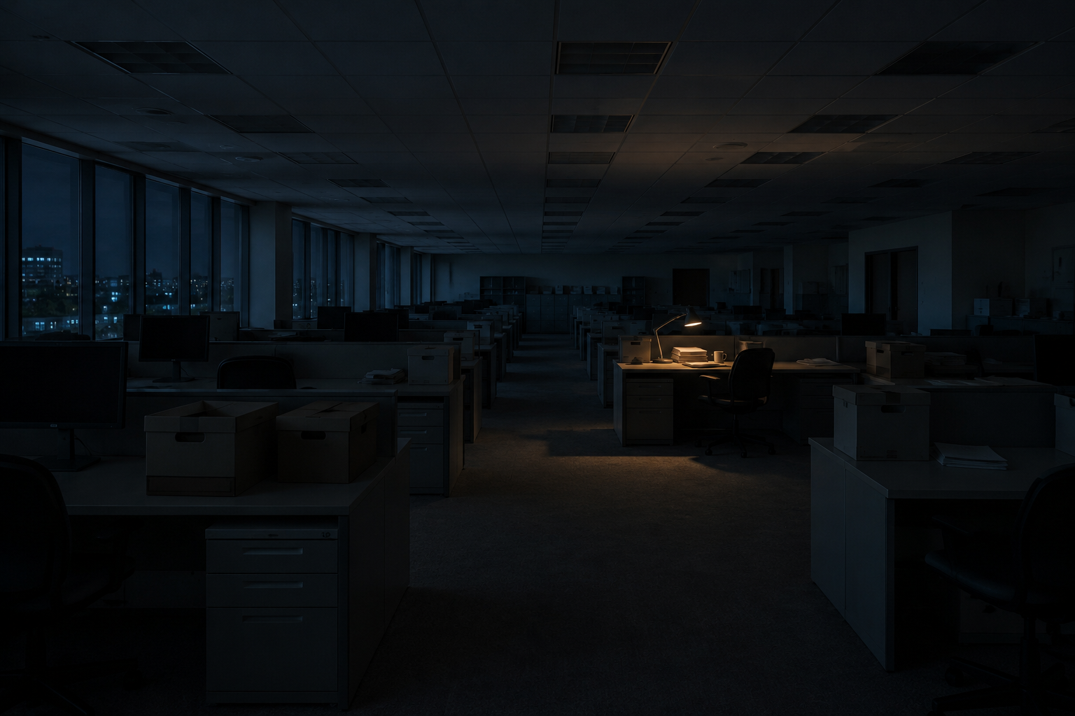Spotlight Dispatch, generated August 5, 2026. The overheads are off and the file boxes are packed. One lamp is still on, two thirds of the way down the room — and the chair under it is empty.